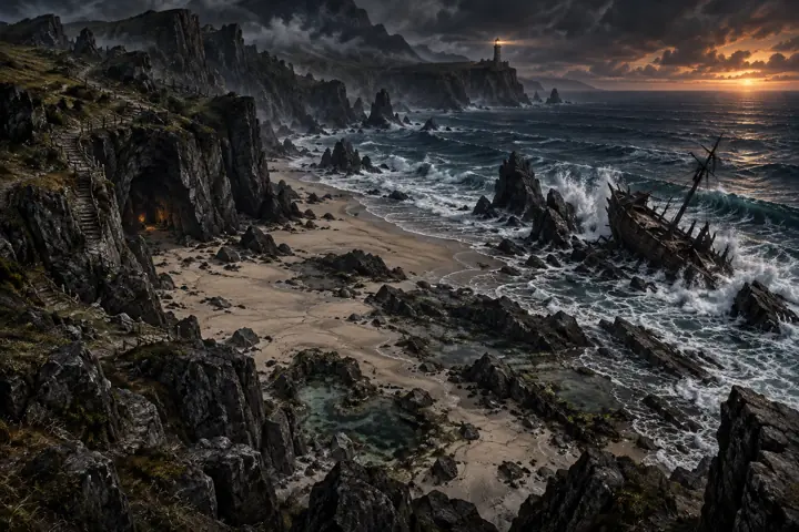 Cover art for the coast boards: cliffs, a beach and a shipwreck at sunset.