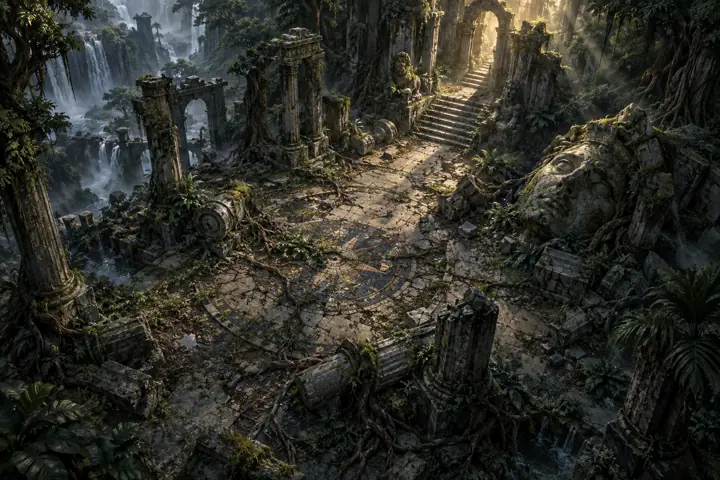 Cover art for the ruins boards: overgrown stone ruins and waterfalls.
