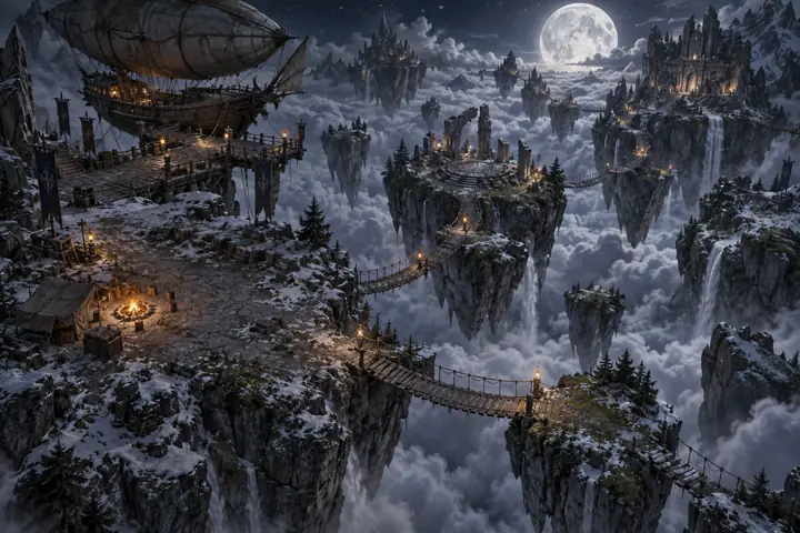 Cover art for the sky boards: floating islands joined by rope bridges under a full moon.