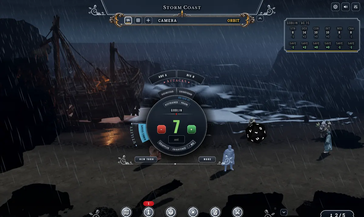 A rain-swept coast with a wrecked ship; a ring of attack options circles a goblin, showing a roll of 7.